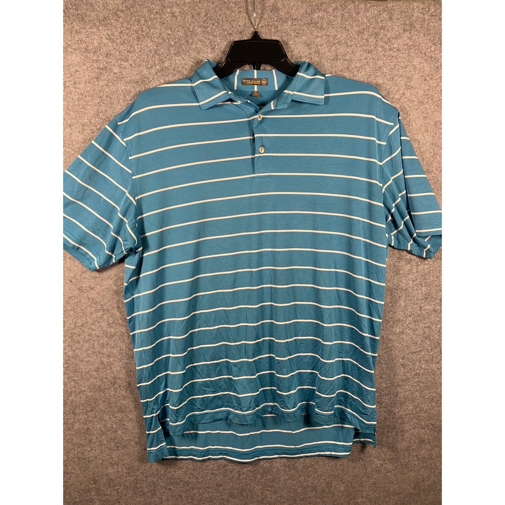 Peter Millar Mens Blue White Striped Summer Comfort Polo Shirt Large Performance